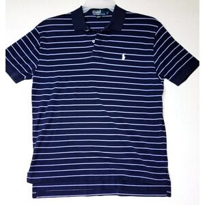 Polo Ralph Lauren Polo Shirt Men Medium Navy Blue Striped Short Sleeve Pique
